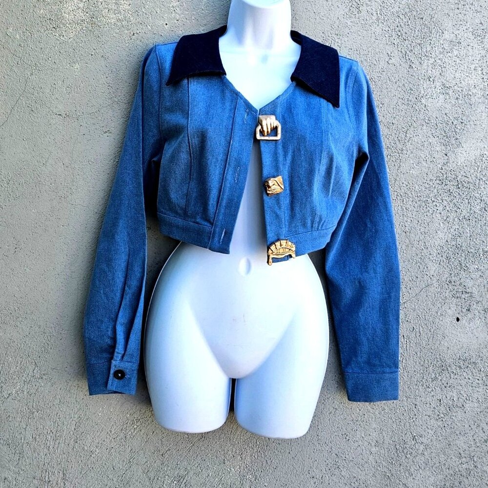 Oops Blue Cropped Denim Jacket Sculptural Gold Buttons Size XS S Y2K 80s Revival